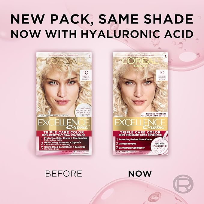 L'Oreal Paris Excellence Crème Permanent Hair Dye, Triple Care Hair Color with Pro-Keratine Complex for 100% Gray Hair Coverage, 10 Lightest Ultimate Blonde, 1 Kit