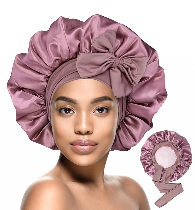 HiRui Silk Satin Bonnet for Sleeping Women, Double-Layer Sleep Cap Shower Cap with Adjustable Tie, Moisture Retaining Satin Lined Hair Bonnet for Curly and Natural Hair (Blush Pink/Pink, Large)