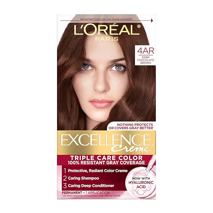 L'Oreal Paris Excellence Crème Permanent Hair Dye, Triple Care Hair Color with Pro-Keratine Complex for 100% Gray Hair Coverage, 4AR Dark Chocolate Brown, 1 Kit