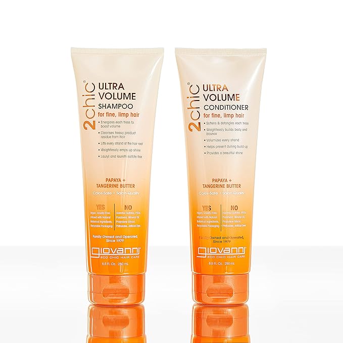 GIOVANNI 2chic Ultra-Volume Shampoo - Daily Volumizing Formula with Papaya & Tangerine Butter, Promotes Weightless Control for Fine Limp Thin Hair, No Parabens, Color Safe - 24 oz