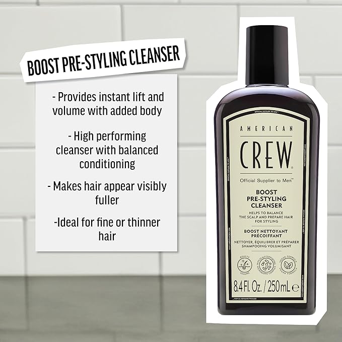 AMERICAN CREW Men's Pre Styler Boost Shampoo for Fine & Thin Hair, Instantly Volumizing Formula, Adds Volume, Lift, & Shine, Vegan, 8.4 fl oz