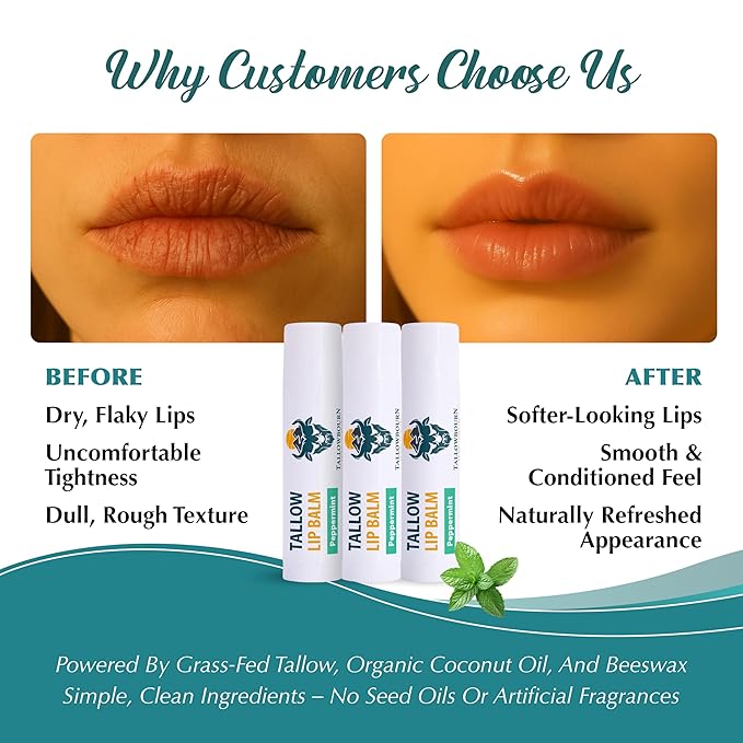 Moisturizing Tallow Lip Balm – Grass-Fed Beef Tallow with Organic Coconut Oil, Beeswax, and Vitamin E – Peppermint – Lip Balm Set – Travel Essential – 3-Pack