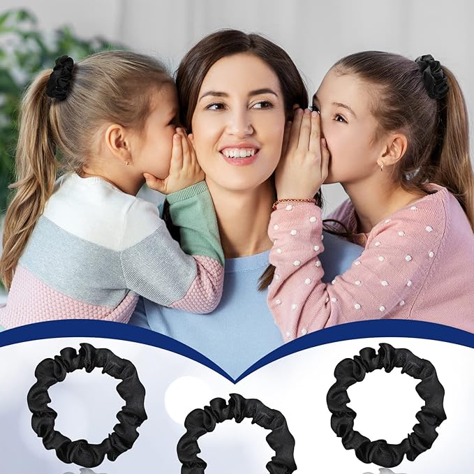 WILLBOND 30 Pcs Small Satin Silk Scrunchies Bulk for Women, Thin Hair Ties Mini Scrunchy Bands Skinny Ponytail Holders for Thick Curly Hair Pony Tails Wrist Decor(Black)