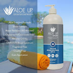 Aloe Up Sport Sunscreen Lotion SPF 30 - Broad Spectrum UVA/UVB Sunscreen Protector for Face and Body With Hydrating Aloe Vera Gel Non-Greasy No White Cast Reef Safe Fragrance-Free - 32 Oz.