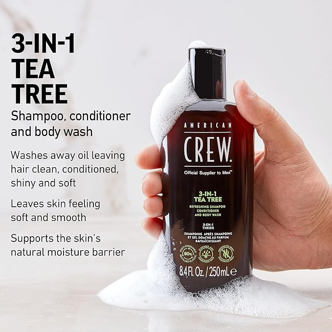 American Crew Shampoo, Conditioner & Body Wash for Men, 3-in-1, Gift for Men, Tea Tree Scent, 33.8 Fl Oz