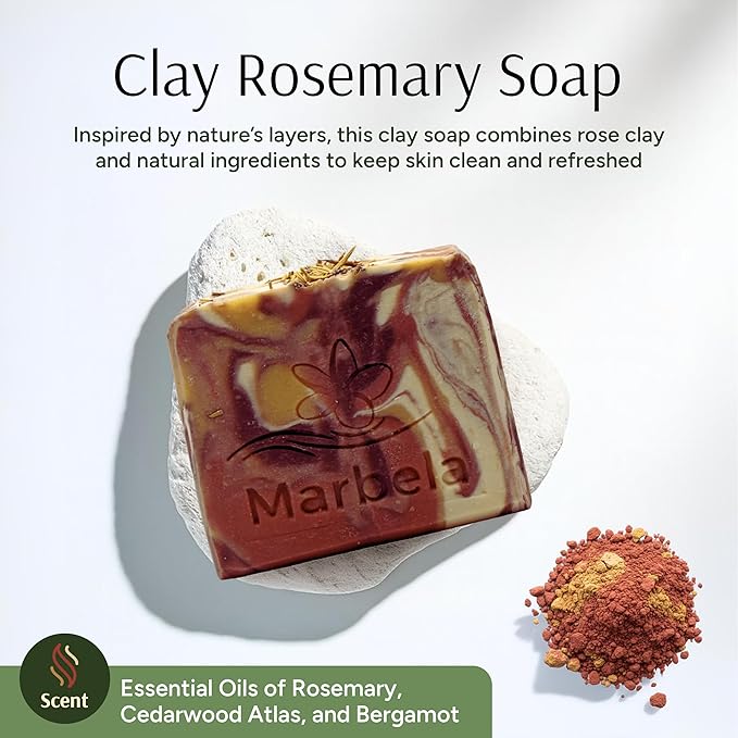 Marbela Cosmetics Clay and Rosemary Handmade Soap Bar - Made in USA, Vegan Friendly, Palm Oil Free, Natural Bar Soap - Gentle Face & Body Soap for Daily Skin Care, Moisturizing & Nourishing - 3.5 oz