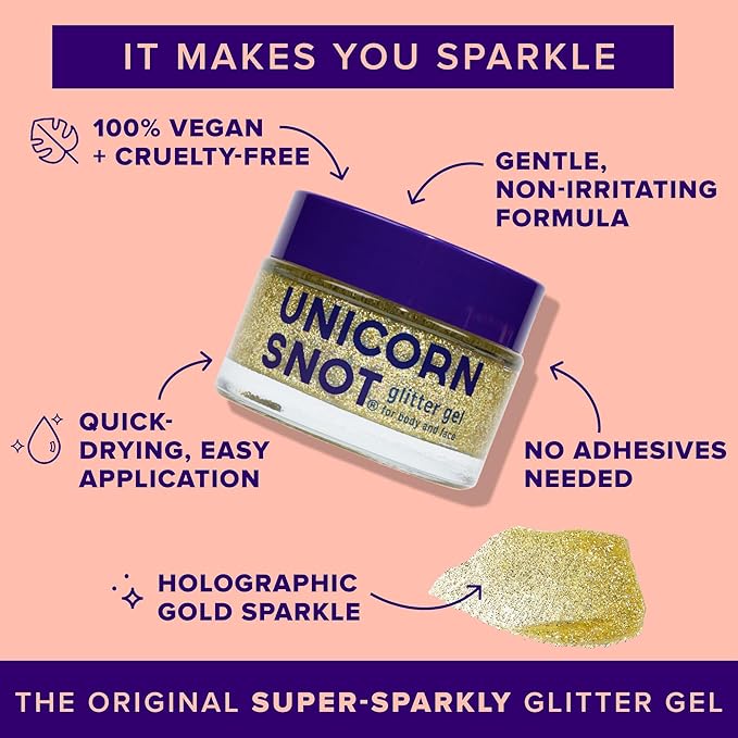 UNICORN SNOT Holographic Face Glitter & Body Glitter Gel | Holiday Glitter Makeup: Stocking Stuffers & Christmas Gift | Hair Glitter, Vegan & Cruelty Free, 1.7 oz Gold Glitter (Bling)