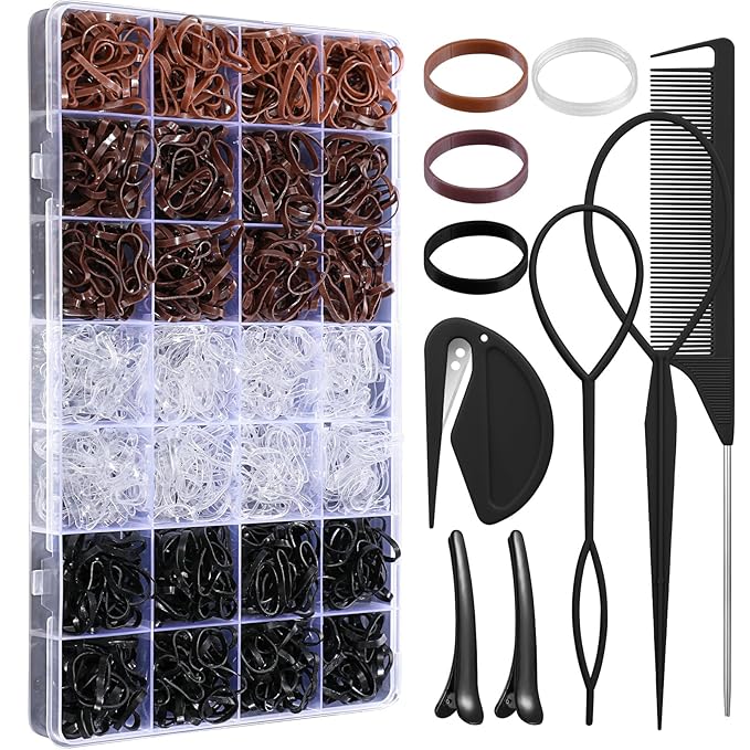 1500 Pcs Hair Bands in 4 Natural Colors - Rubber Hair Ties with Organizer Box and 6 Styling Tools for Women, Girls, Kids