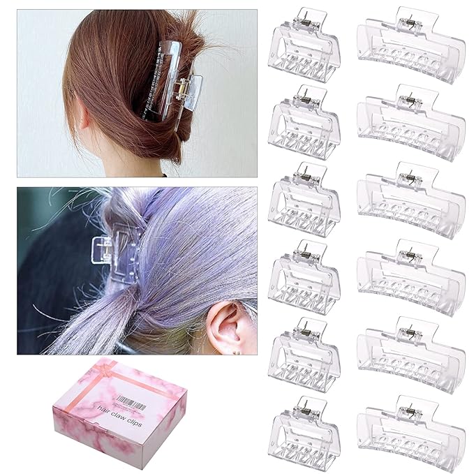 12 Pack Clear Square Claw Clips, Big and Small Neutral Rectangle Hair Claw Clips, Non-slip Matte Large Hair Clips for Women,Strong Hold jaw clip for Thick Thin Hair