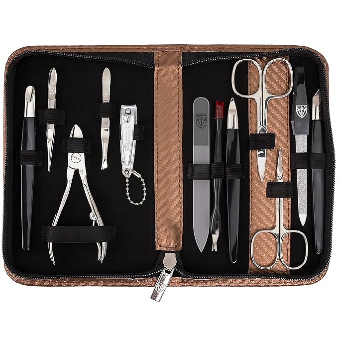 3 Swords Germany – Brand Quality 12 Piece Manicure Pedicure Grooming kit Set for Professional Finger & Toe Nail Care with Copper Synthetic Leather case - Made in Germany
