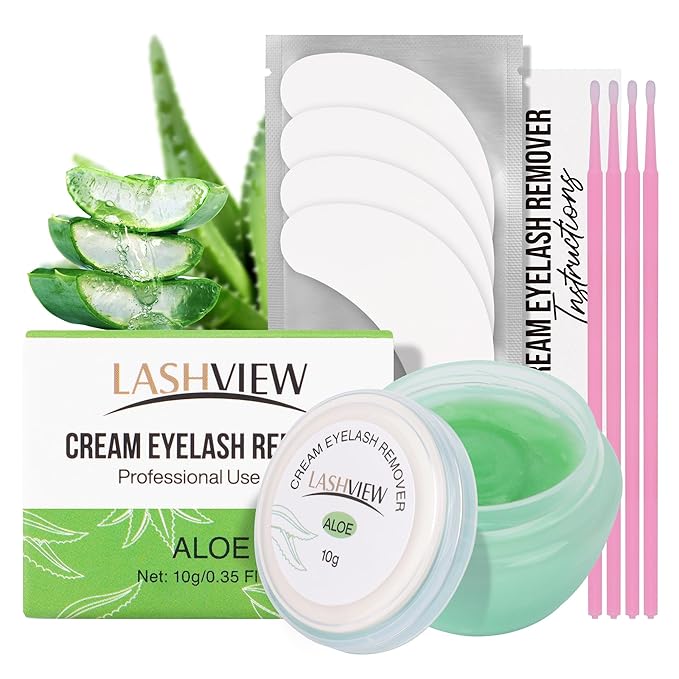 LASHVIEW Eyelash Extension Remover Cream Gentle Aloe Vera Formula, Lash Removal Kit with Eye Patches & Cotton Swabs(10g)