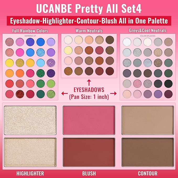 UCANBE Eyeshadow Palette with 15Pcs Brushes Makeup Set, Pigmented 86 Colots Make Up Pallet Gift Sets, Matte Shimmer Metallic Eye Shadow Highlighter Contour Blush Powder Christmas Valebtines Beauty Kit