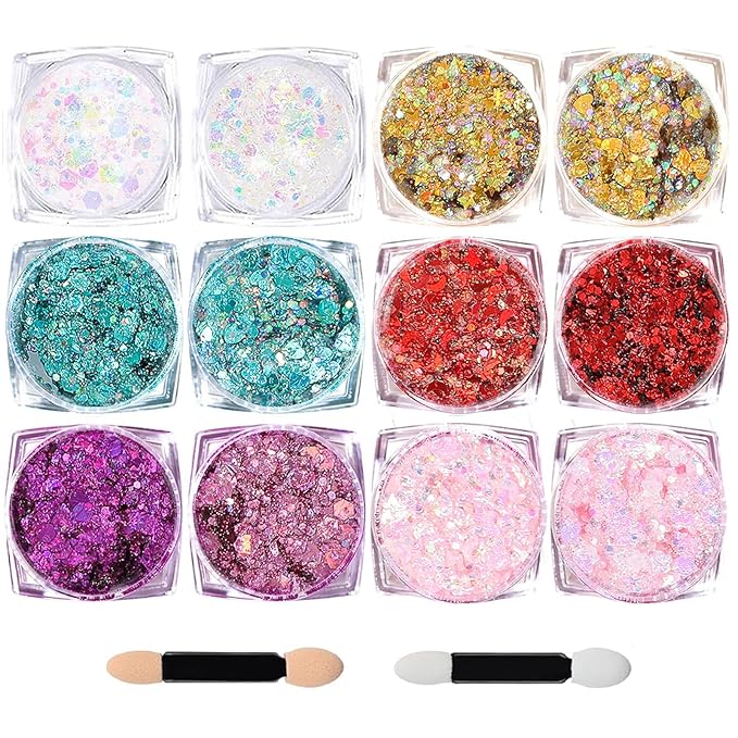 Body Glitter Face Glitter, Hair Glitter for Kids, 12 Shapes Fine Chunky Glitter Gel for Women Girls Makeup Sparkles Party Mermaid Sequins Rave Accessories Festival (White-Gold-Pink-Blue-Purple-Red)
