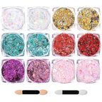 Body Glitter Face Glitter, Hair Glitter for Kids, 12 Shapes Fine Chunky Glitter Gel for Women Girls Makeup Sparkles Party Mermaid Sequins Rave Accessories Festival (White-Gold-Pink-Blue-Purple-Red)