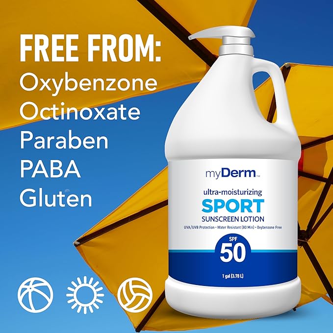 MyDerm Ultra-moisturizing SPF 50 Sport Sunscreen Lotion, Free from Octisalate, Oxybenzone, Octinoxate and Parabens, Hawaii 104 Reef Act Compliant, 128 oz (1 Gallon), Broad Spectrum UVA/UVB Protection