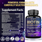 Biotin with Hyaluronic Acid, Keratin, and Collagen Supplements - Hair Growth Vitamins for Women, Healthy Nails and Skin, B1, B2, B3, B6, B7 Complex, USA (120 Capsules)