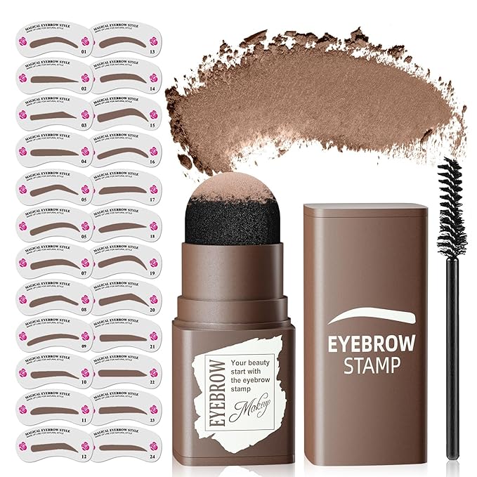 Eyebrow Stamp Stencil Kit - Long-Lasting Eyebrow Powder with Brush, Waterproof & Smudge-Proof Brow Shaping Kit with 24 Reusable Thin & Thick Eyebrow Stencils for Voluminous Brow (Medium Brown)