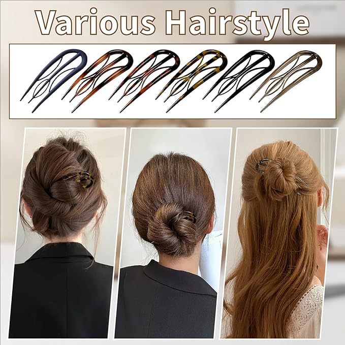 French Hair Pins for Women-6PCS Tortoiseshell U Shaped Clips for Buns, Prestige& Elegant,Internal Teeth Fork Hairpins Styling for Thick Twist Hair