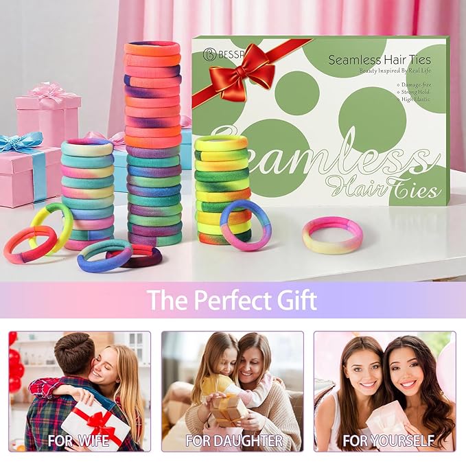 Bessrung 100 PCS Seamless Hair Ties, No Damage Elastics Hair Ties for Women Girls, Strong Hold No Slip Hair Bands, Soft Stretchy Ponytail Holders for Thin Thick Hair (Rainbow Color)