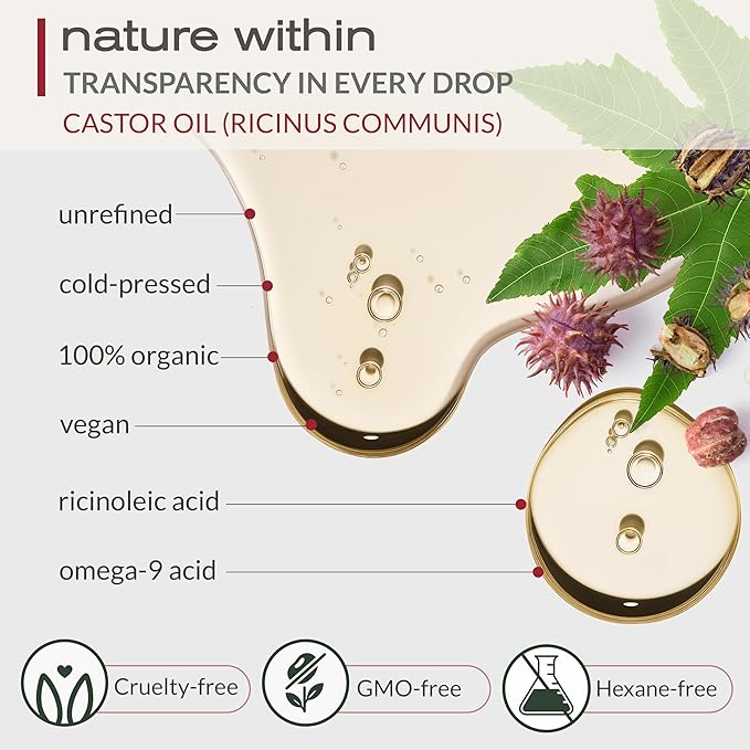 Ella & Eden Organic Castor Oil - Big 32 Fl Oz Glass Bottle - Cold-Pressed, Hexane-Free, USDA Certified, Unrefined & 100% Pure - For Hair Growth, Face, Skin