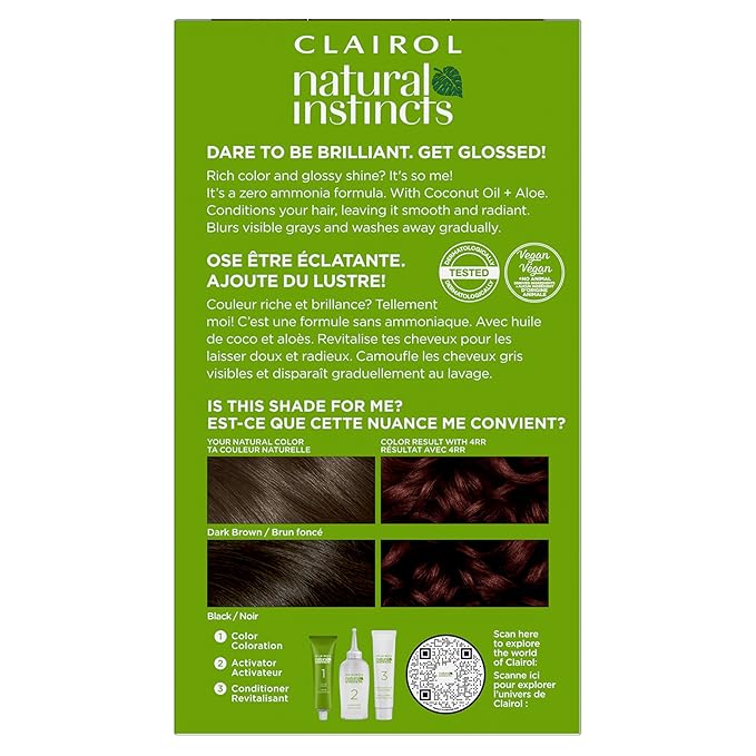 Clairol Natural Instincts Demi-Permanent Hair Dye, 4RR Dark Red Hair Color, Pack of 3