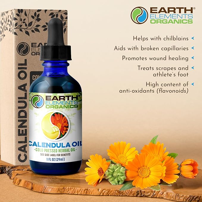 Calendula Oil with Sunflower Oil, Herbal Care for Chapped or Damaged Skin, Organic Skincare for All Skin Types - 1 fl oz