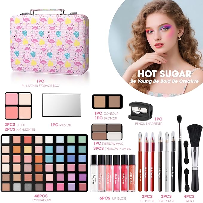Hot Sugar Makeup Kit for Teenager Girls 10-12, All in One Beginner Makeup Kit for Women Full Kit, Teen Cosmetic Gift Set for Birthday Christmas (Flamingo)