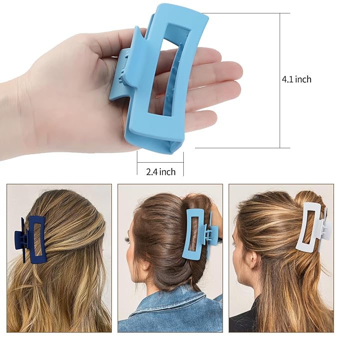 4 Inch Big Hair Claw Clips 6 Pcs Large Claw for Thick Hair Square Hair Clips for Women Rectangle Hair Clips Nonslip Acrylic Banana Jaw Clips Hair Accessories for Girls (Blue)