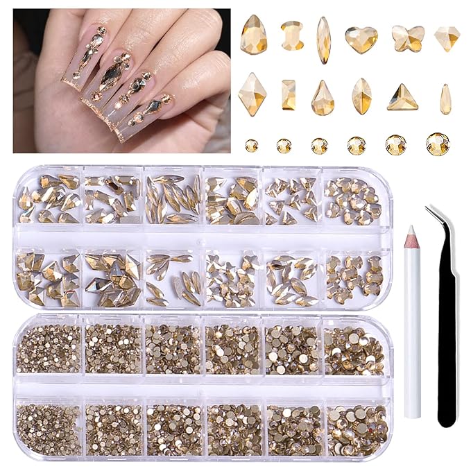 1620Pcs Crystal Nail Rhinestones Nail Art, Wsimily Champagne Gold Nail Rhinestones Round Beads Flatback Glass Gems Stones Multi Shapes Nail Crystals with Picker Pencil and Tweezer Nail Decoration