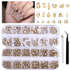 1620Pcs Crystal Nail Rhinestones Nail Art, Wsimily Champagne Gold Nail Rhinestones Round Beads Flatback Glass Gems Stones Multi Shapes Nail Crystals with Picker Pencil and Tweezer Nail Decoration