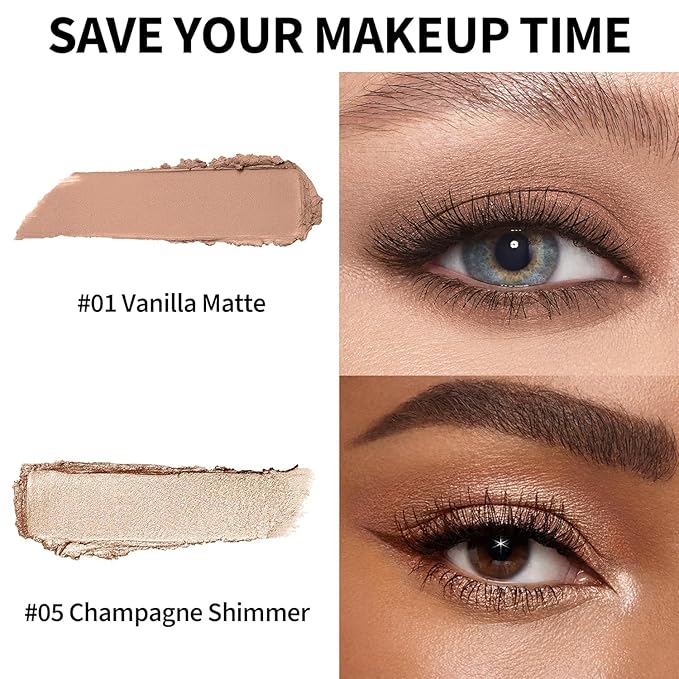 FV Waterproof Eyeshadow Stick Duo,Long-Lasting Cream Eye Shadow Makeup Sets, High Pigmented Eyeshadow Pencil with Matte & Shimmer Finish, Natural Look (Vanilla & Champagne)