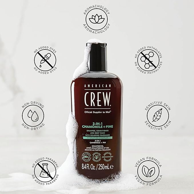 AMERICAN CREW 3-in-1 Chamomile & Pine, Shampoo, Conditioner & Body Wash for Men, Hair Care Gift for Him, Calming and Relaxing Fragrance, 8.4 fl oz