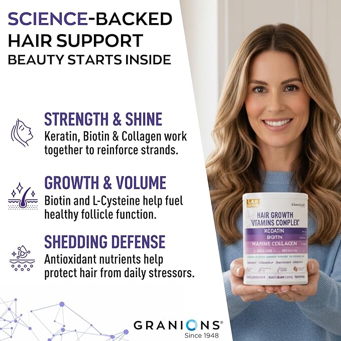 Granions Hair Supplements for Hair Growth Powder - Strength, Thickness, Density, Loss Support for Women and Men - Collagen Peptides, Biotin 10,000, Keratin, Aminos, B Vitamins, Zinc, Selenium - 10.5oz