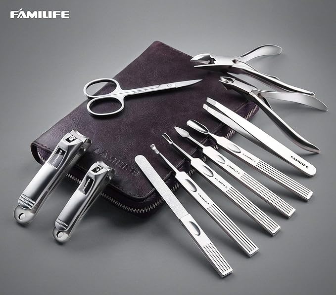 FAMILIFE Manicure Set, Nail Clippers Set Professional Manicure Kit 11 in 1 Stainless Steel Pedicure Tools Nail Kit Mens Grooming Tool with Portable Leather Travel Case Dark Violet Birthday Gifts