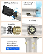 Dual Voltage Travel Hair Dryer with Magnetic Diffuser - 2000W High-Speed Ionic Hair Dryers Gift for Women Men, Fast Drying, Low Noise, Lightweight, No Heat Damage, European Travel 110V-240V, Gold