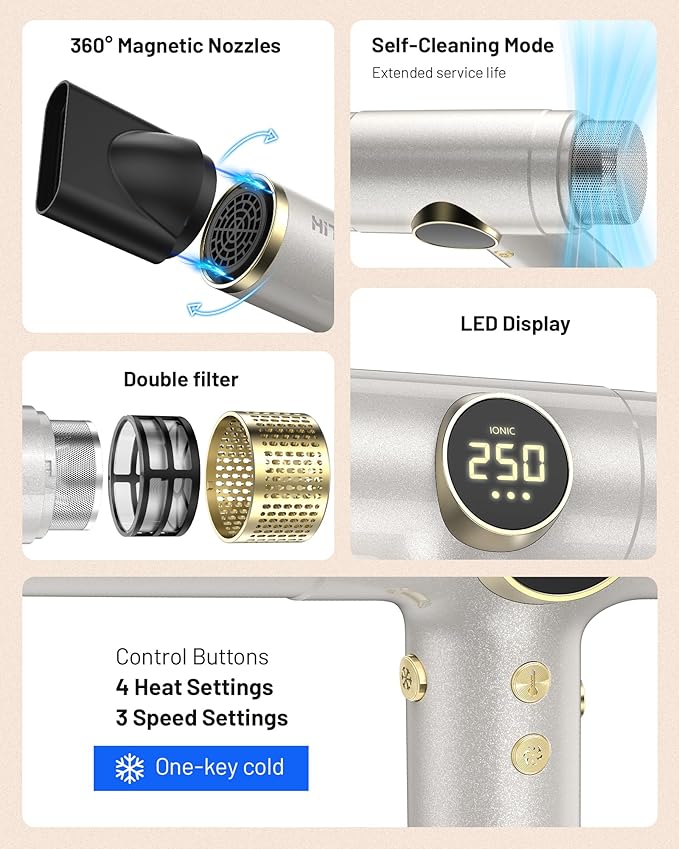 Dual Voltage Travel Hair Dryer with Magnetic Diffuser - 2000W High-Speed Ionic Hair Dryers Gift for Women Men, Fast Drying, Low Noise, Lightweight, No Heat Damage, European Travel 110V-240V, Gold