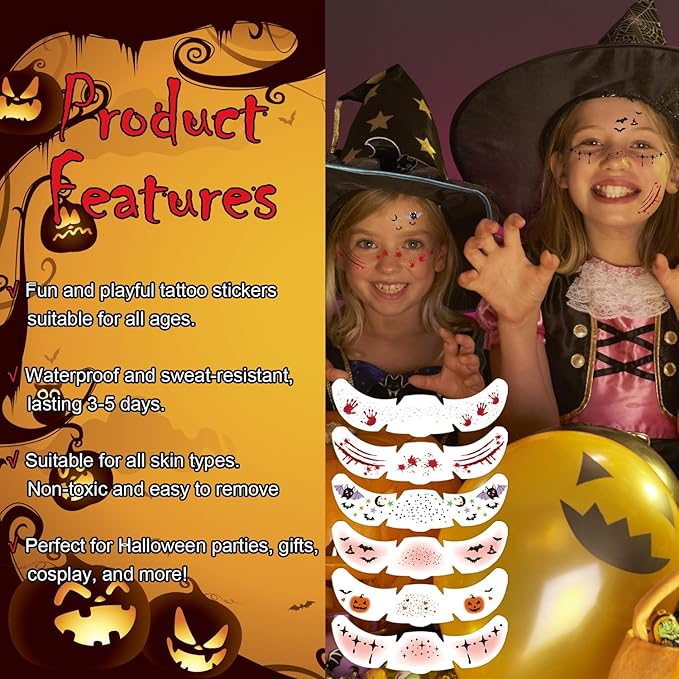 6Pcs Face Makeup Patches, Glitter Freckles Face Tattoo for Teenagers & Young Women, Sparkle Freckles Makeup Patches, Waterproof Face Glitter Freckles for Christmas (6PcsC Halloween)