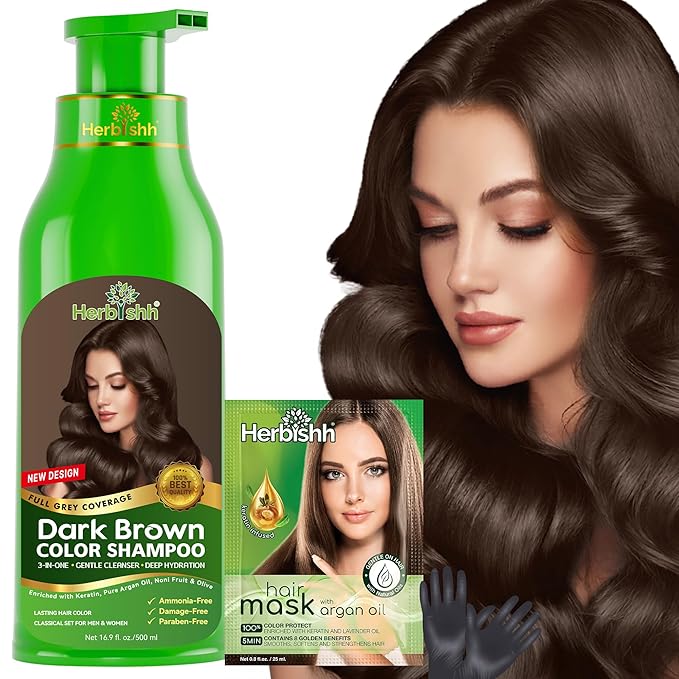 Herbishh Hair Color Shampoo - Magic Dye for Gray Hair, Lasting Color in Minutes - 500 Ml, 3-In-1, Ammonia-Free (Dark Brown)
