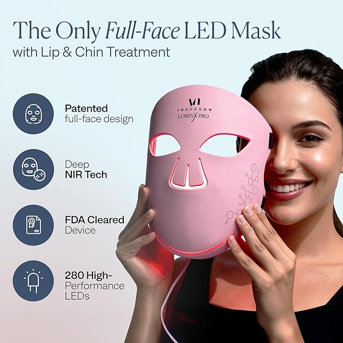 VogueNow LED Light Therapy Mask With Chin & Lip Coverage - FDA-Cleared Device for Wrinkles & Acne - Red Blue Near Infrared Light Therapy for Face - Anniversary Christmas Gifts for Women Mom Wife