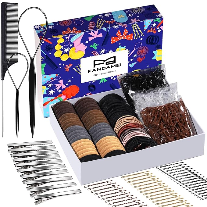 FANDAMEI Hair Accessories Kit - Elastic Hair Ties, Cotton Bands, Rubber Bands, Hair Pins, Rat Tail Comb for Women