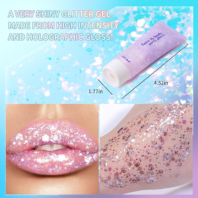 DAGEDA Silver Pink Body Glitter Gel, Holographic Face Glitter Rave Party Accessories, Chunky Glitters for Hair Eyes Nails, Cosmetic Laser Powder Festival Sequins Paint Makeup