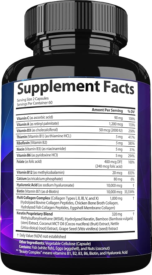 Biotin with Hyaluronic Acid, Keratin, and Collagen Supplements - Hair Growth Vitamins for Women, Healthy Nails and Skin, B1, B2, B3, B6, B7 Complex, USA (120 Capsules)