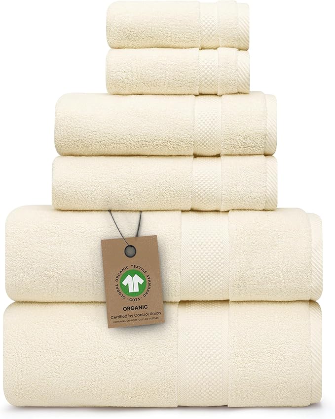 100% Organic Zero-Twist Cotton Towels - GOTS Certified Luxury Bath Towels - Ultra Soft & Plush 700GSM Long-Staple Cotton - 6 Piece Towel Set (Papyrus)