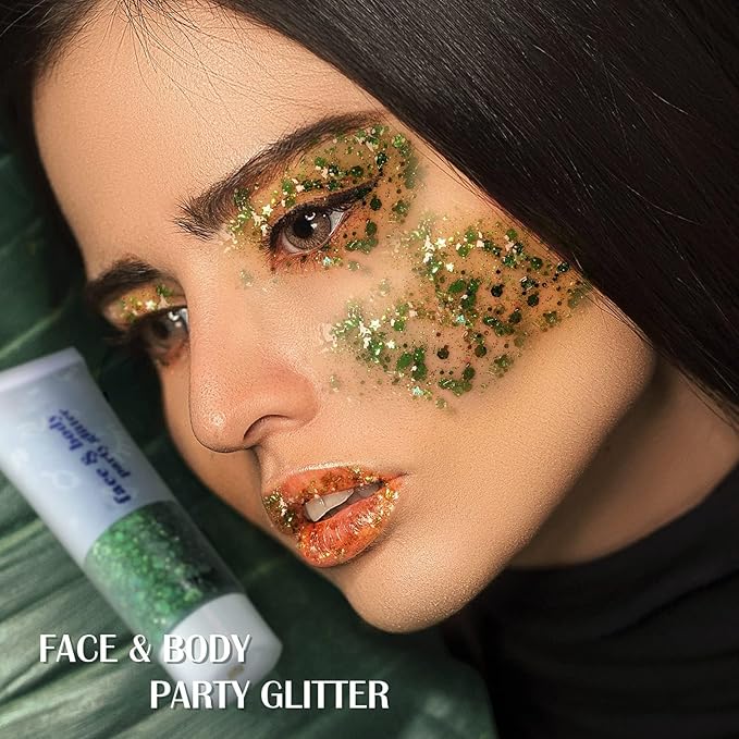 DAGEDA Green Body Glitter Gel, St Patricks Day Face Glitters Body Sequins Shimmer, Chunky Glitter for Face Hair Nails, Mardi Gras Decorations Festival Glitter Makeup 50ml