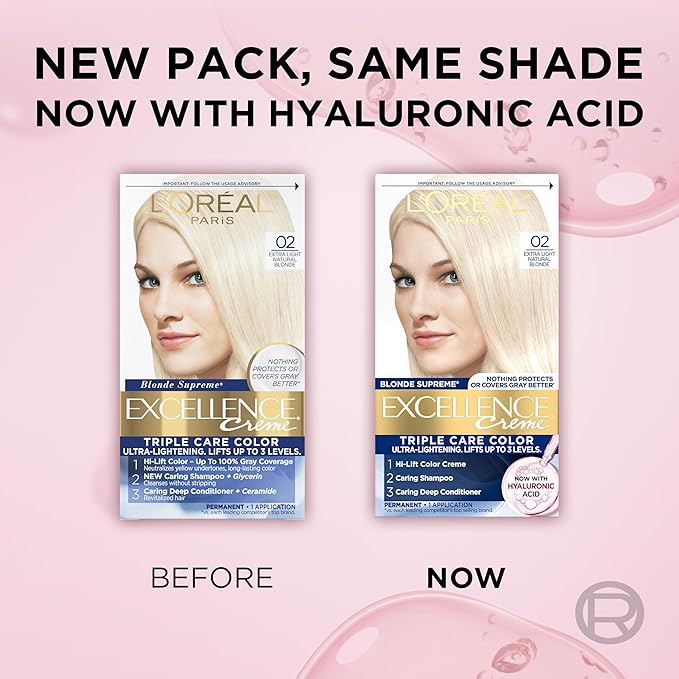 L'Oreal Paris Excellence Crème Permanent Hair Dye, Triple Care Hair Color with Pro-Keratine Complex for 100% Gray Hair Coverage, 02 Extra Light Natural Blonde, 1 Kit