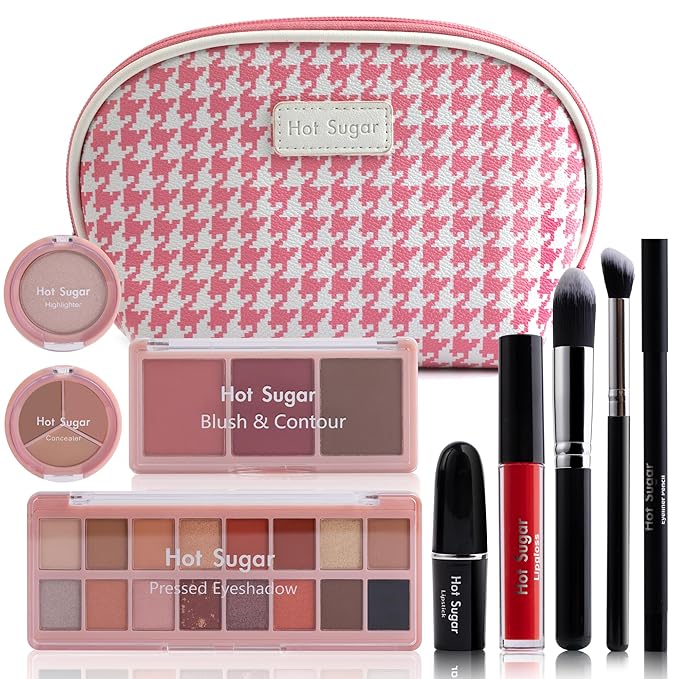 Hot Sugar All in One Makeup Kit, Makeup Set for Women, Girls Makeup Kit for Teens with Eyeshadow, Blush, Contour, Highlighter, Concealer, Lipstick, Lip Gloss, Eyeliner and Brush (Pink)