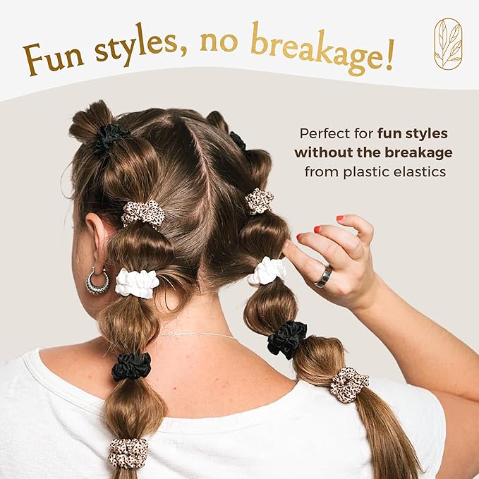 Authentic Mini Mulberry Silk Scrunchies for Women & Kids - Anti Breakage Small Silk Scrunchies for Fine, Curly & Thin Hair - No Dent, No Slip Hair Ties for Buns, Sleep & Ponytail - Onyx Black (3 Pack)