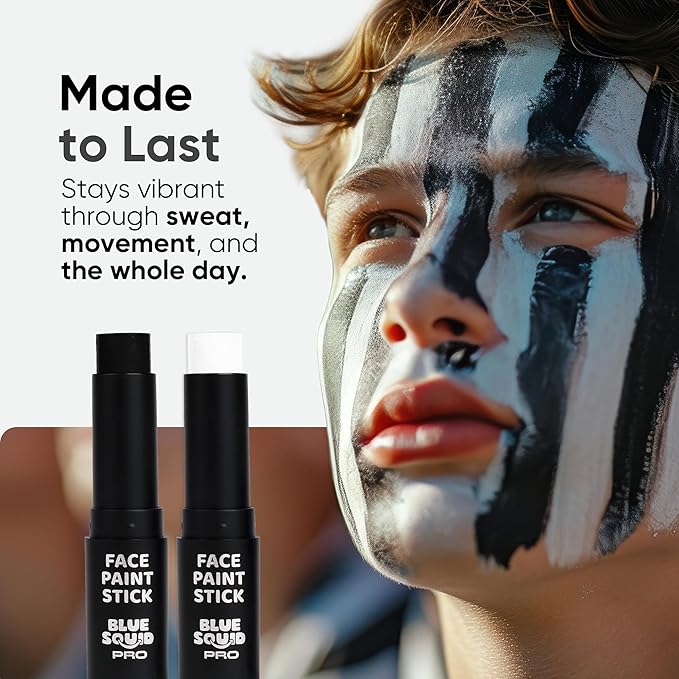 Blue Squid PRO Black and White Face Paint Stick - Waterproof Body Paint For Adults & Kids Eye Black Baseball, Eyeblack Softball -Hypoallergenic Twist-Up Non-Toxic Makeup Stick - Cosplay, Sports & SFX