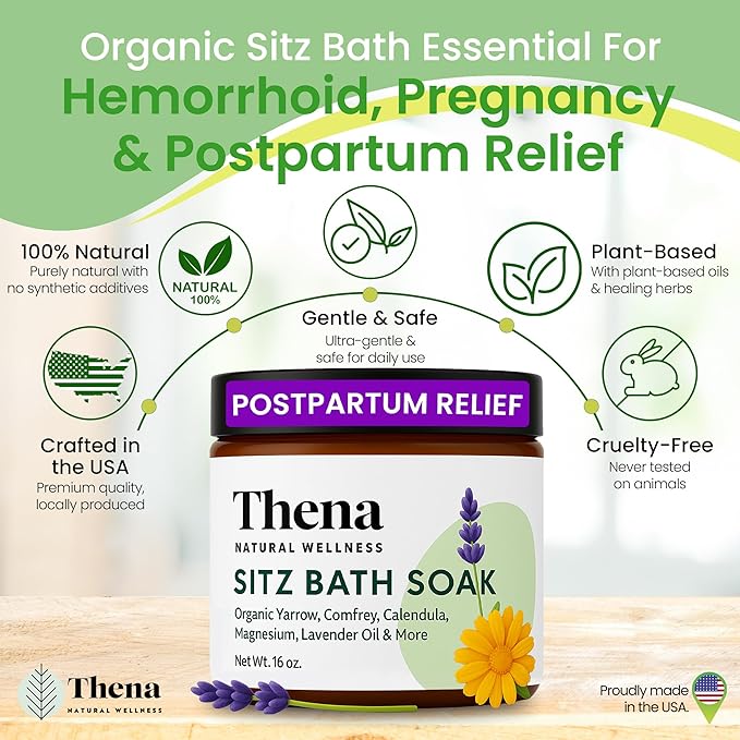 Best Organic Sitz Bath Soak Postpartum Care & Post Partum Essentials, Natural Hemorrhoid Treatment for Women & Moms with Epsom Dead Sea Salt Witch Hazel, Sitz Bath for Toilet, Thena