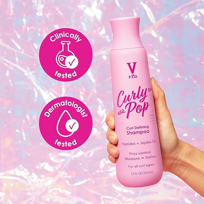 V&Co. Beauty Curly Pop Curl Defining Shampoo – Sulfate Free & Paraben Free Moisturizing Hair Care with Peptides, Amino Acids & Jojoba Oil for Hydration, Frizz Control & Healthy Curls – 12 fl oz